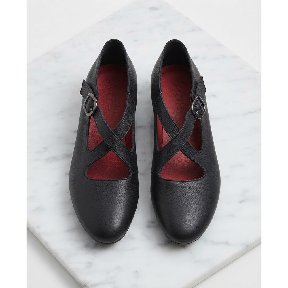 Arche Mary Jane Flats 36 Black Leather Criss Cross Strap Buckle Low Wedge France